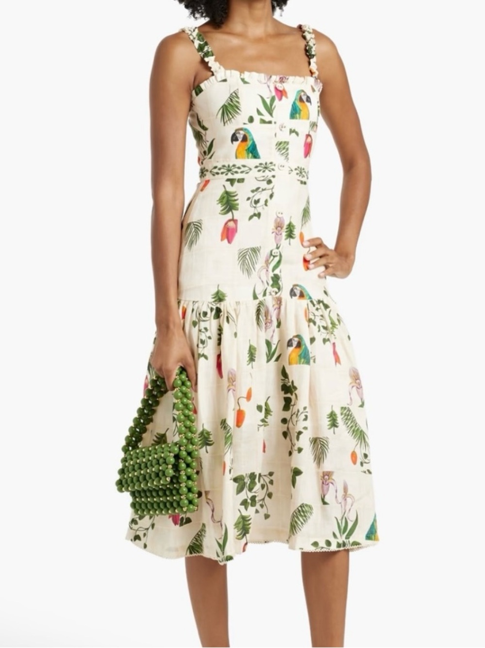 Agua by Agua Bendita Tropical Print Linen-Blend Midi Dress in Cream